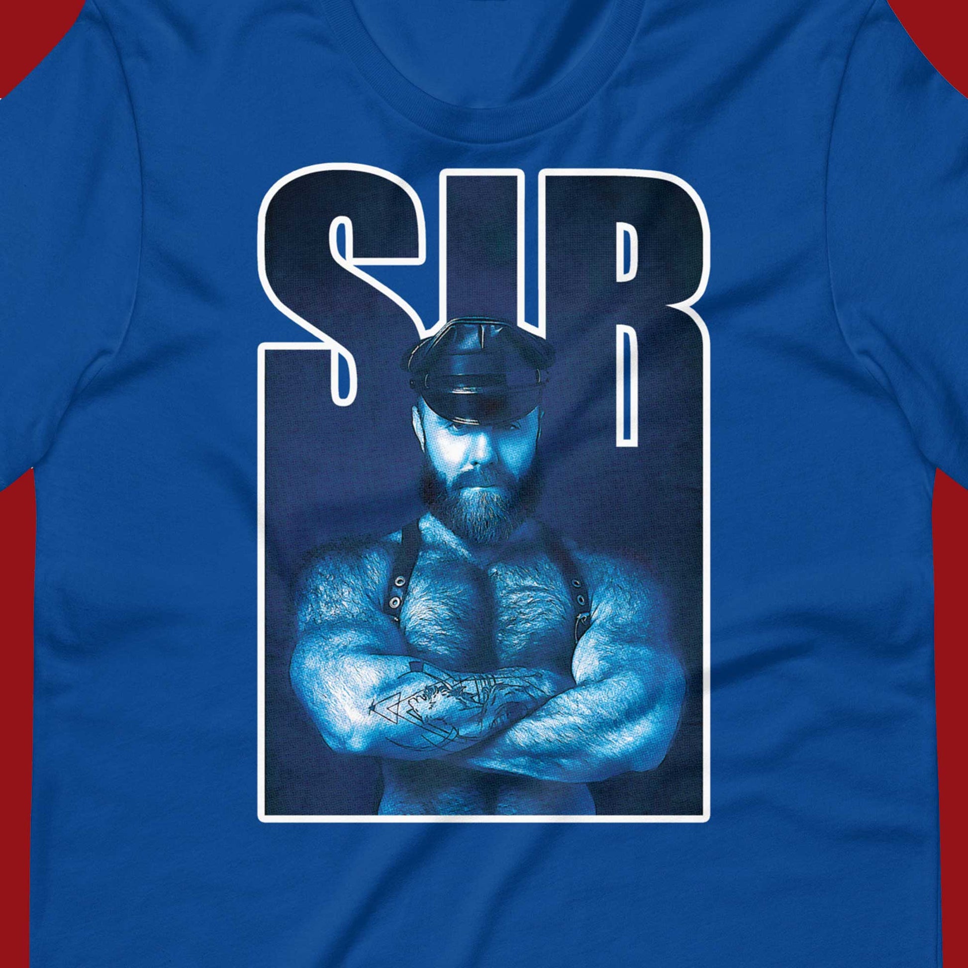 Sir Bear shirt true royal flat closeup - backroomgear - your LGBTQI Gay Kink Apparel Store