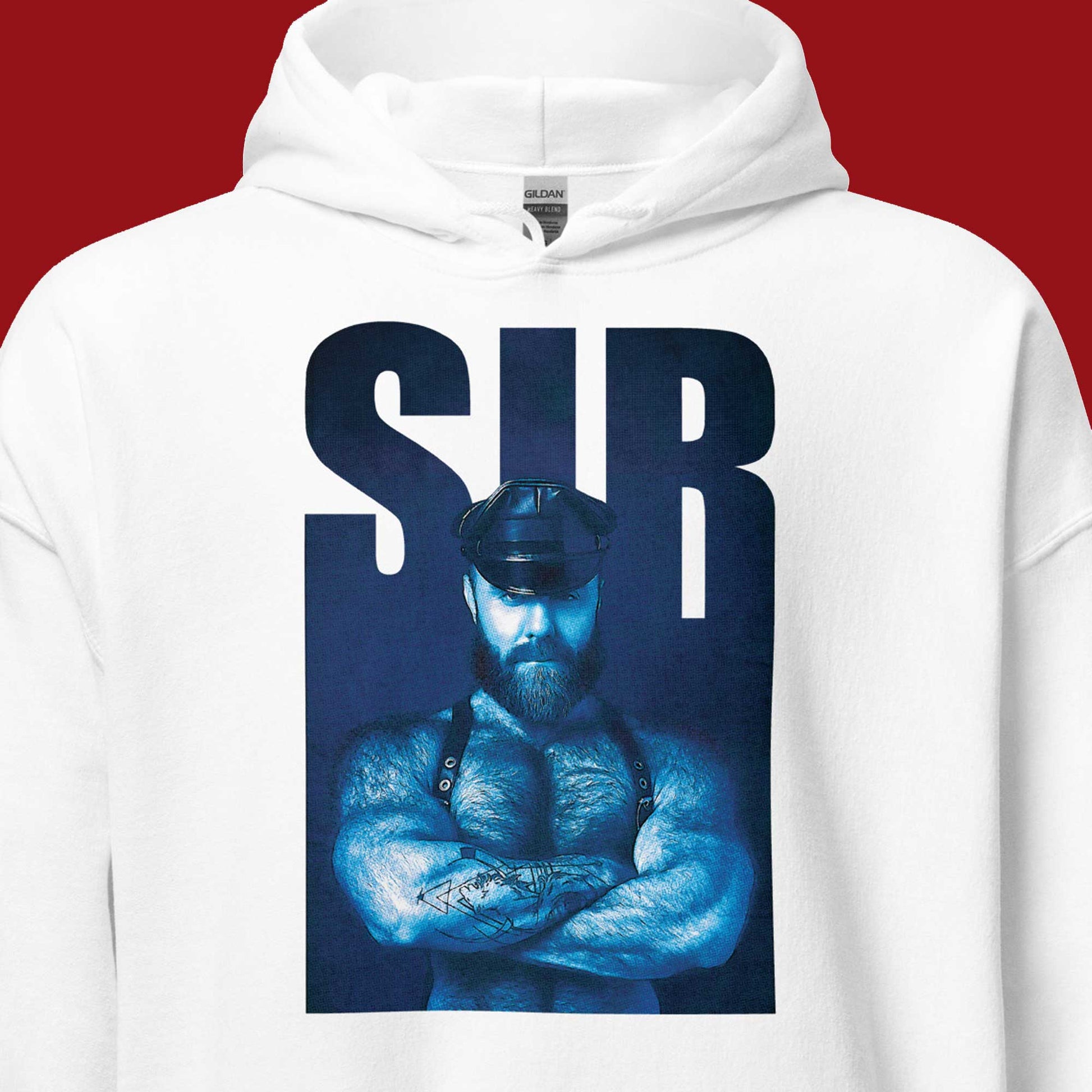 Sir Bear white hoodie closeup - backroomgear - your LGBTQI Gay Kink Apparel Store