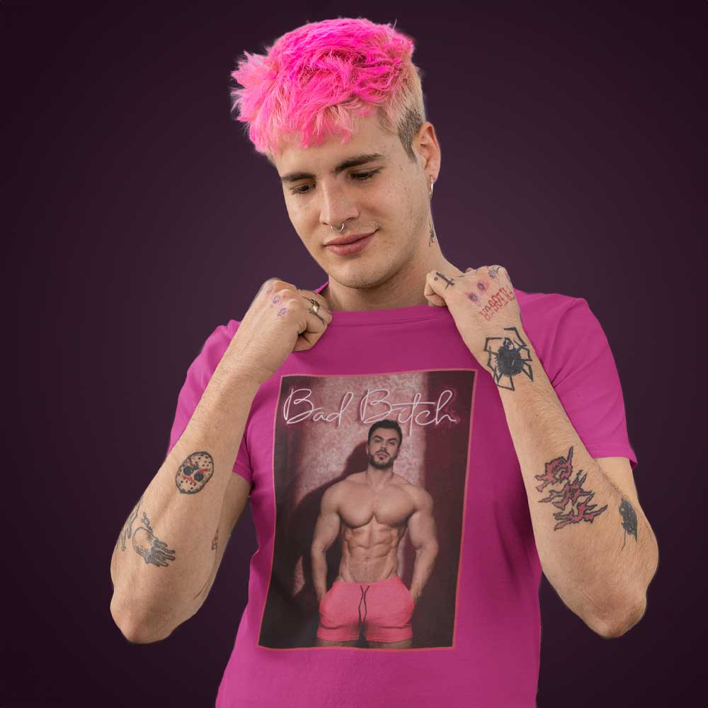 Man Wearing Bad Bitch! Berry T-Shirt - BackRoomGear - your LGBTQI Gay Kink Apparel Store