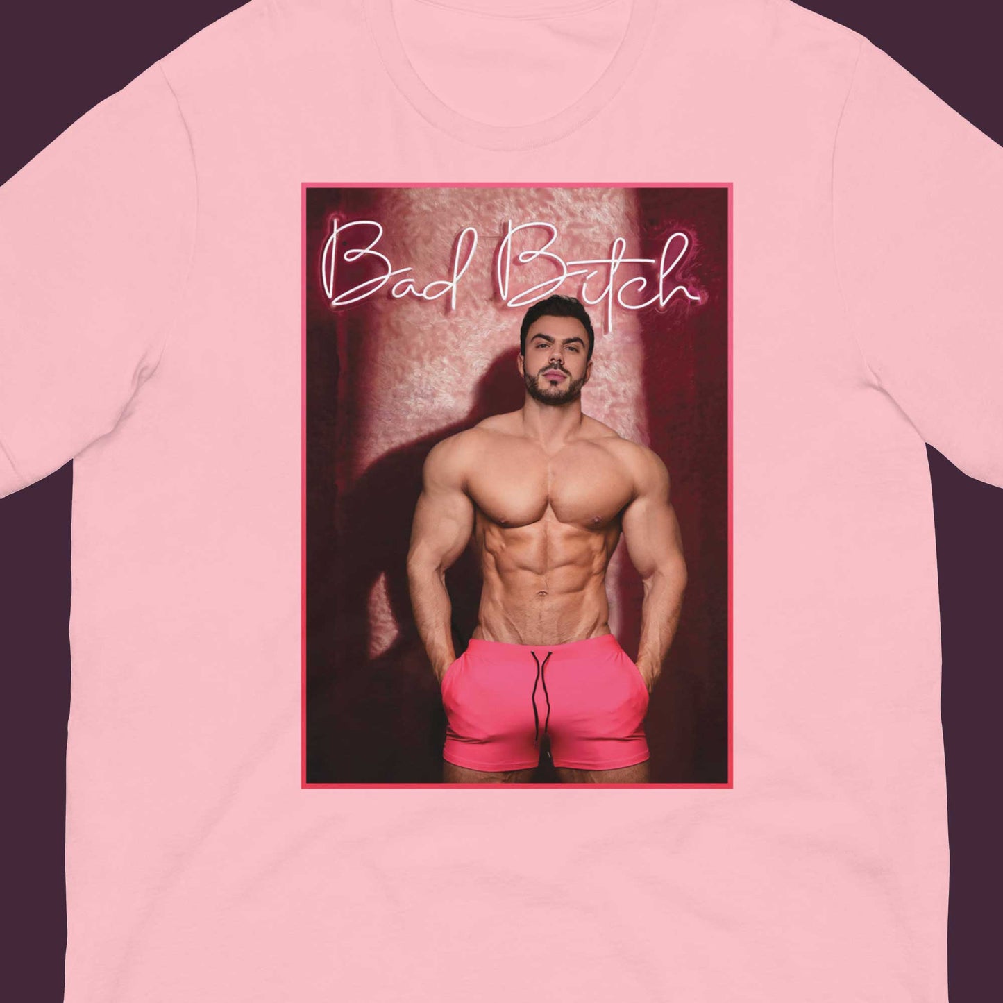 Bad Bitch! Pink T-Shirt Flat Closeup- BackRoomGear - your LGBTQI Gay Kink Apparel Store