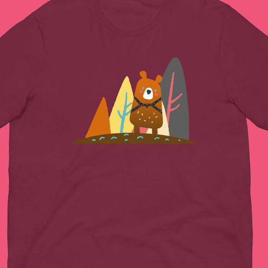 Bear-in-the-woods-Maroon-T-Shirt-Flat Closeup Backroom-Gear - your LGBTQI Gay Kink Apparel Store