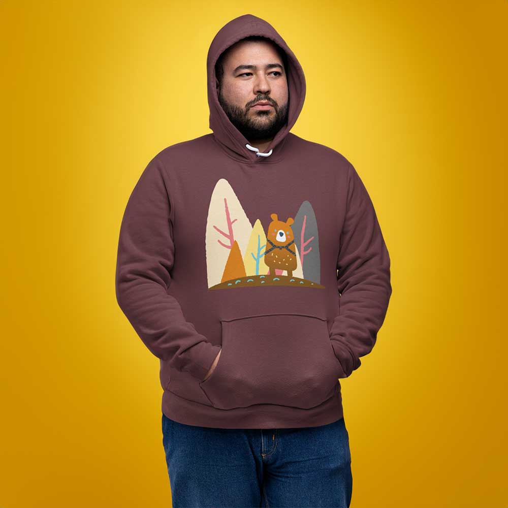 Man wearing-Does-a-Bear-f-k-in-the-woods-Maroon Hoodie-backroom-gear - your LGBTQI Gay Kink Apparel Store