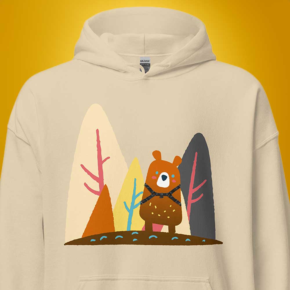 Does-a-Bear-f-k-in-the-woods-Sand-Hoodie-Close-up-backroom-gear - your LGBTQI Gay Kink Apparel Store