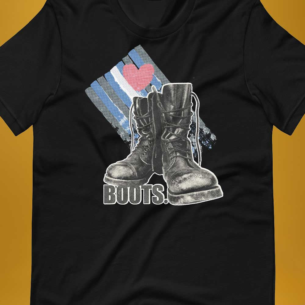 Love Boots Black T-Shirt Flat Closeup- BackRoomGear - your LGBTQI Gay Kink Apparel Store