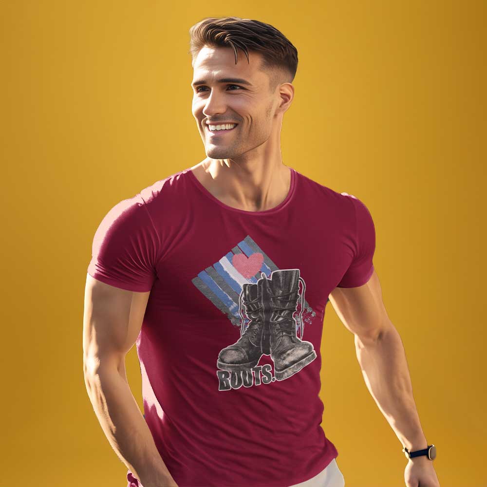 Man wearing Love Boots Maroon T-Shirt - BackRoomGear - your LGBTQI Gay Kink Apparel Store