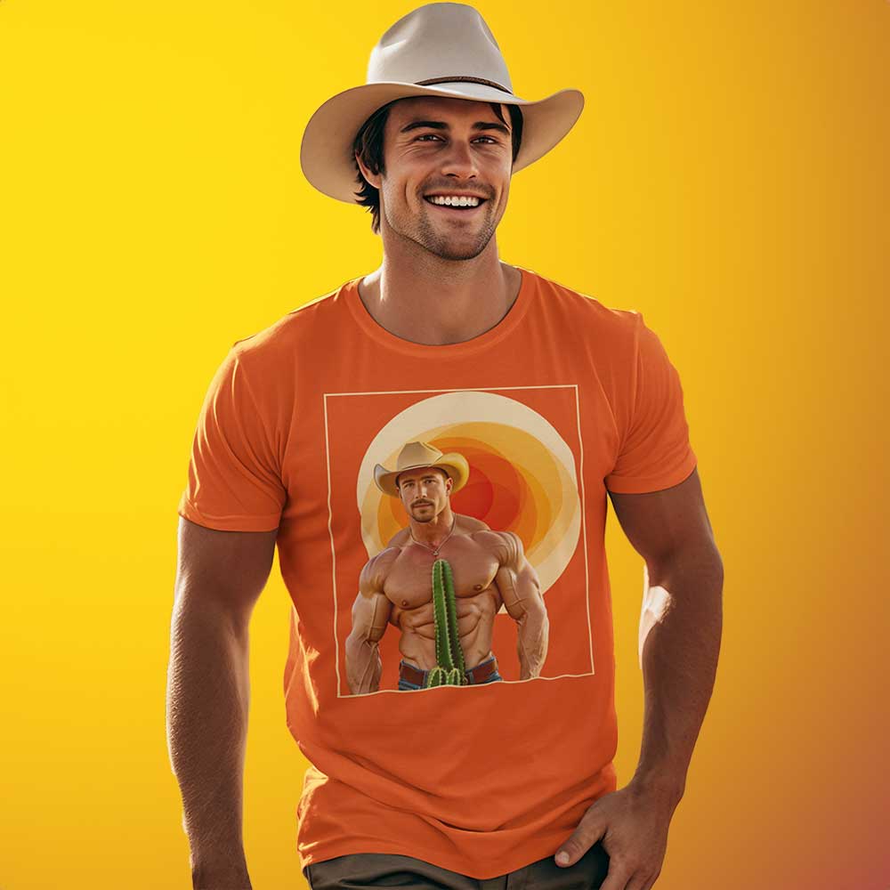 Cowboy wearing Cact-Ass Cowboy orange T-Shirt - BackRoomGear - your LGBTQI Gay Kink Apparel Store