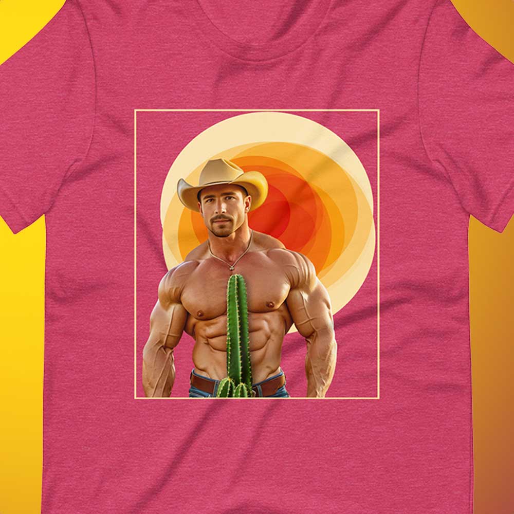 Cact-Ass Cowboy heather raspberry T-Shirt closeup - BackRoomGear - your LGBTQI Gay Kink Apparel Store