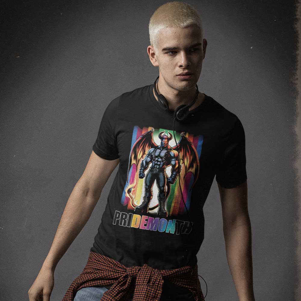 Man wearing Pride-DEMON-Black-Shirt - backroomgear - your LGBTQI Gay Kink Apparel Store