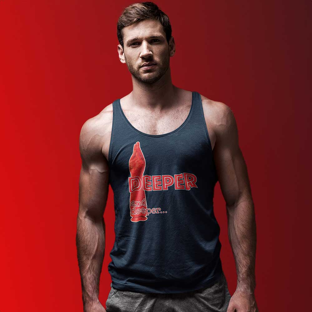 Man wearing Deeper and deeper Navy Tank - backroomgear - your LGBTQI Gay Kink Apparel Store