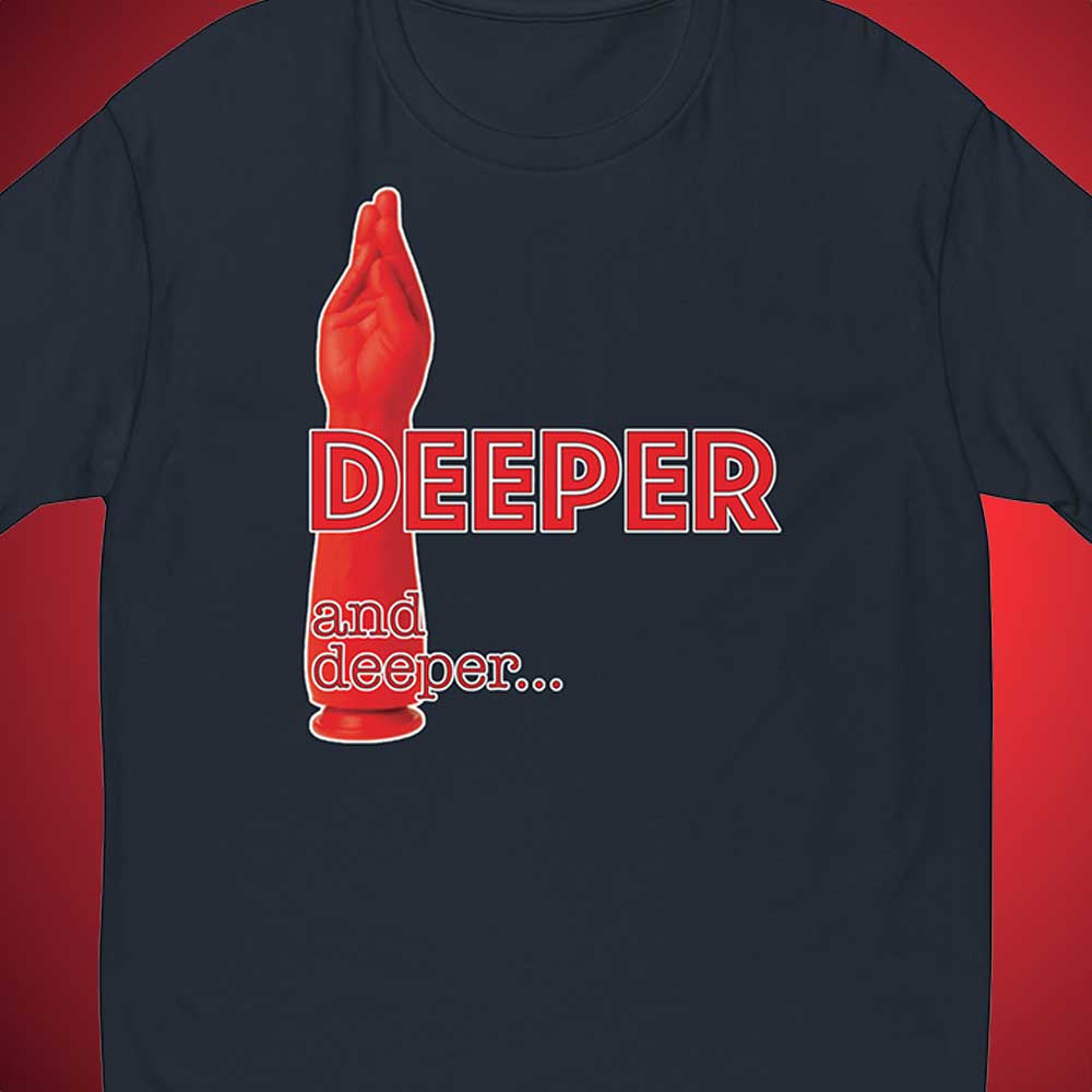 Deeper and Deeper Midnight Navy T-Shirt Closeup - BackRoomGear - your LGBTQI Gay Kink Apparel Store