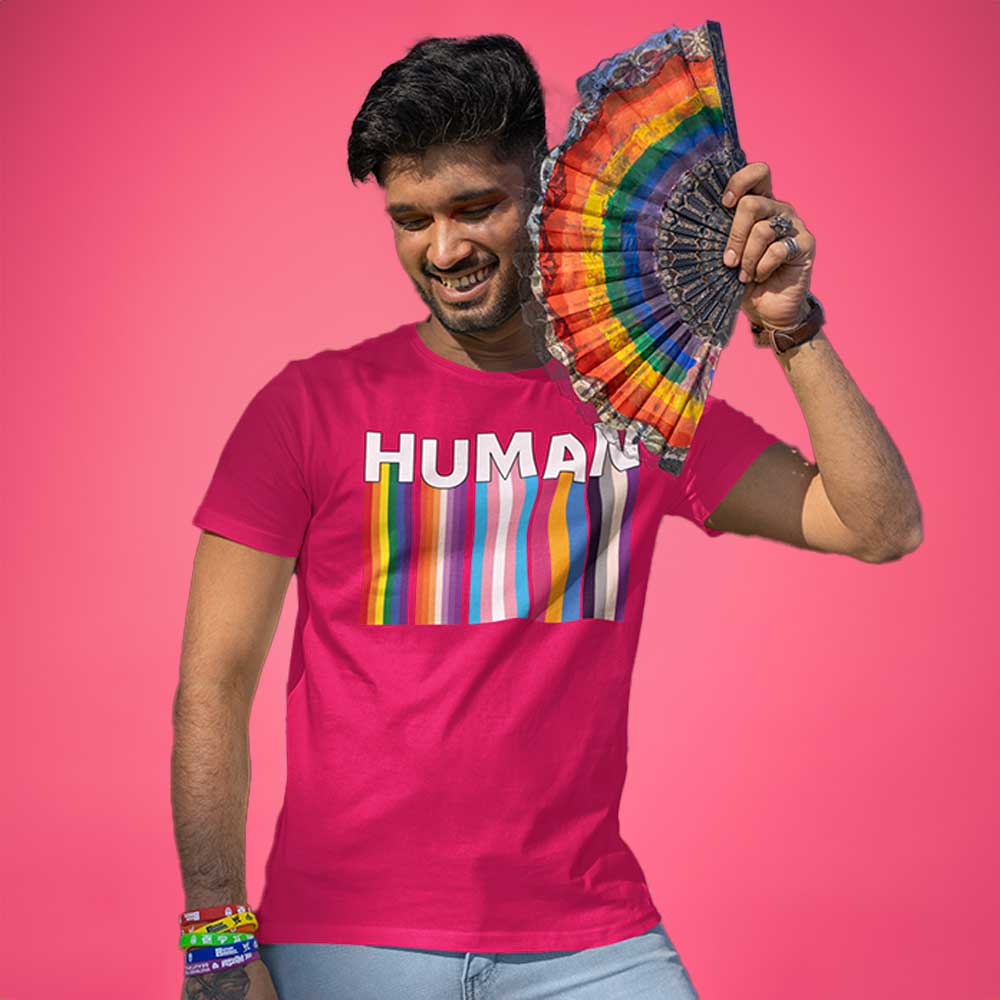 Man wearing We Are Human Berry T-Shirt - BackRoomGear - your LGBTQI Gay Kink Apparel Store