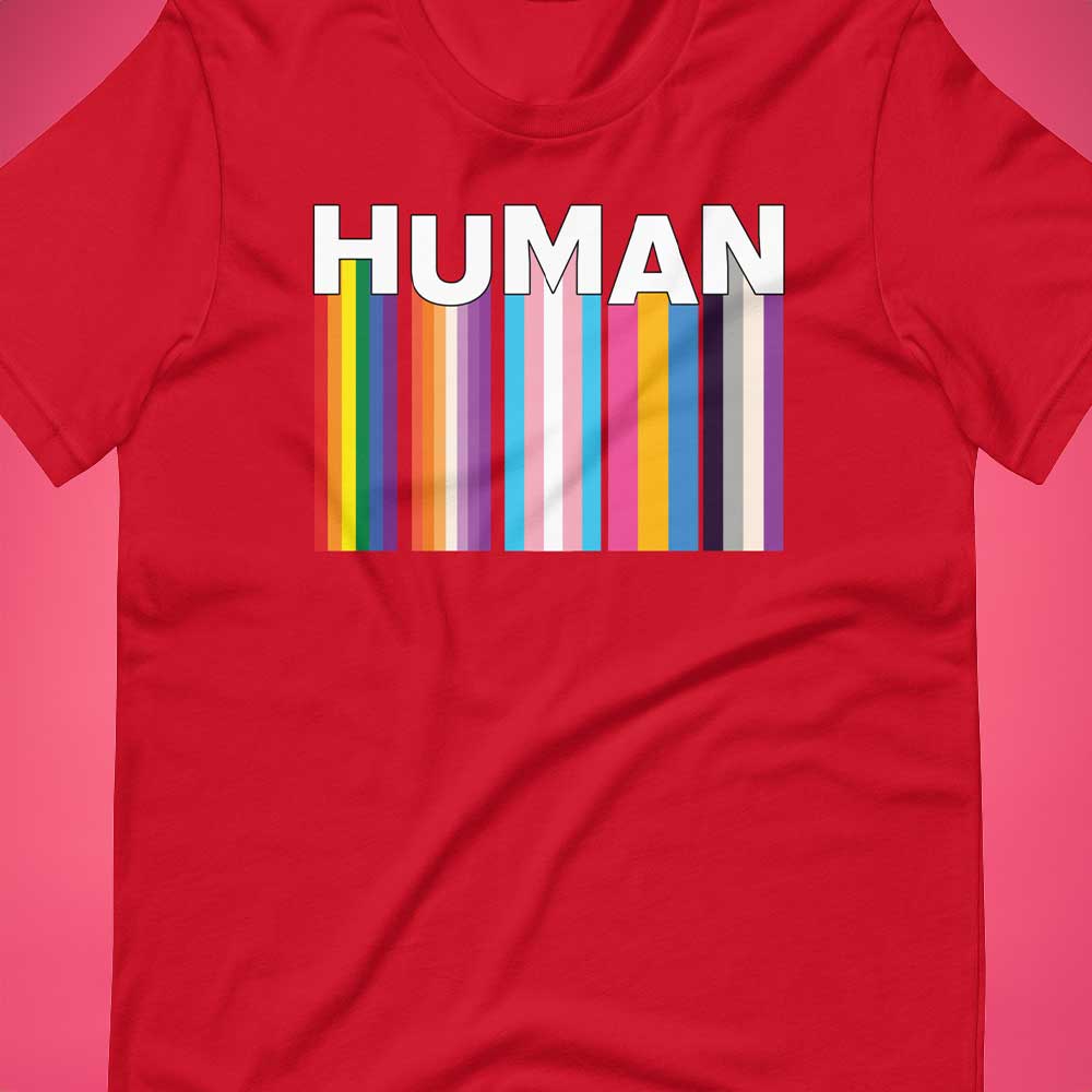 We Are Human Red T-Shirt Flat Closeup - BackRoomGear - your LGBTQI Gay Kink Apparel Store