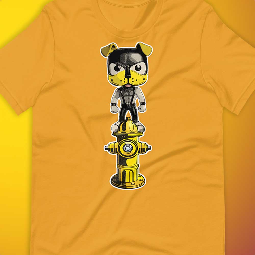 Hydrant-Pup-shirt Mustard flat closeup - backroomgear - your LGBTQI Gay Kink Apparel Store