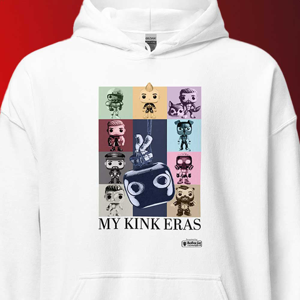 Kink Eras white hoodie closeup - backroomgear - your LGBTQI Gay Kink Apparel Store