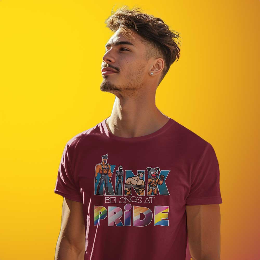 Man wearing Kink-Pride-Maroon-Shirt - backroomgear - your LGBTQI Gay Kink Apparel Store