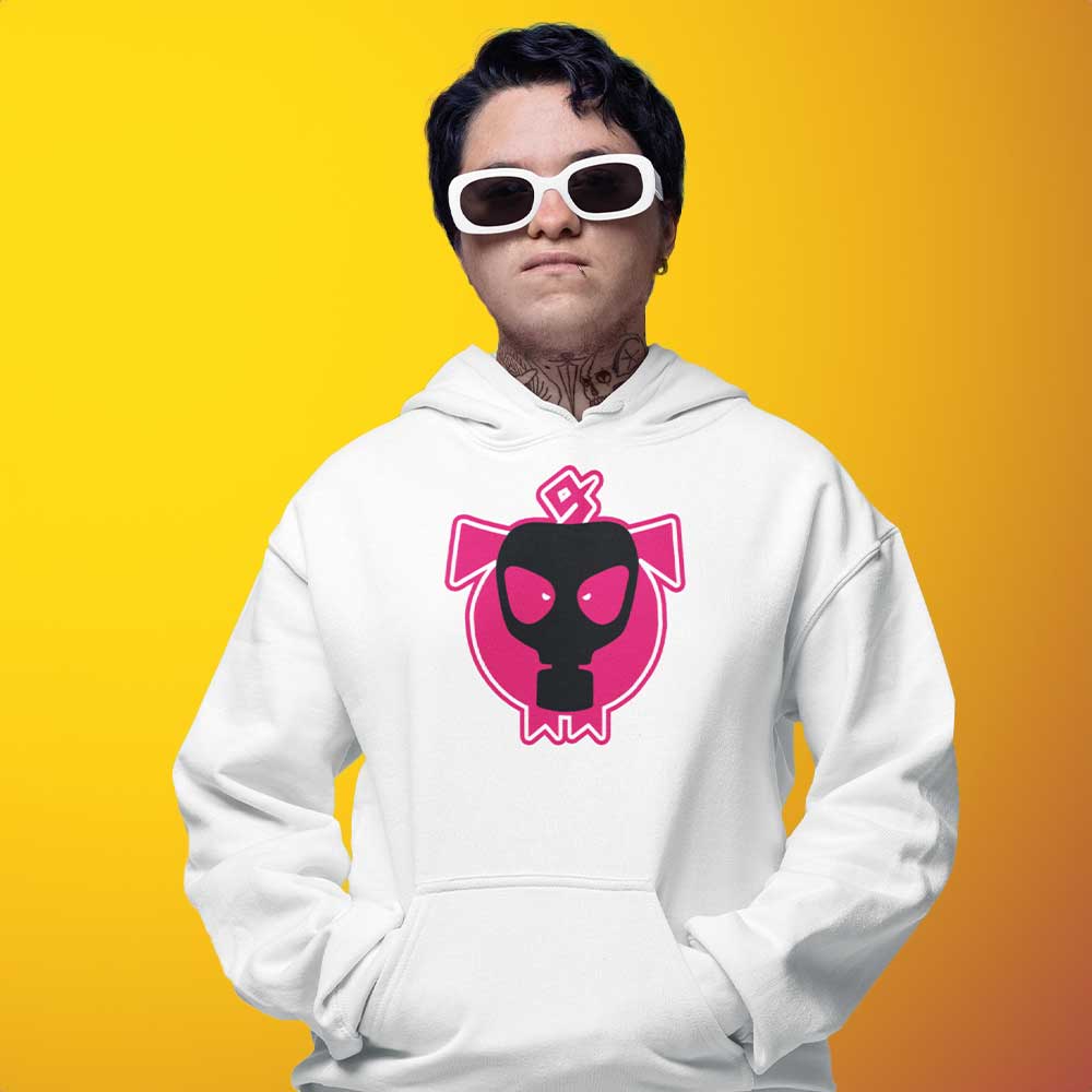 man wearing Pig-Logo-Hoodie-white - backroomgear - your LGBTQI Gay Kink Apparel Store