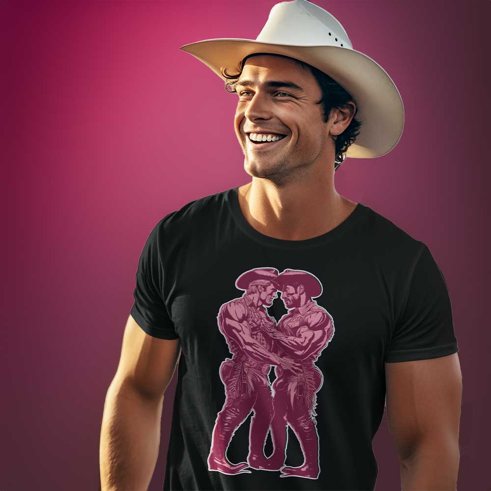 Man wearing Pink-Cowboys-Black Shirt-backroomgear - your LGBTQI Gay Kink Apparel Store