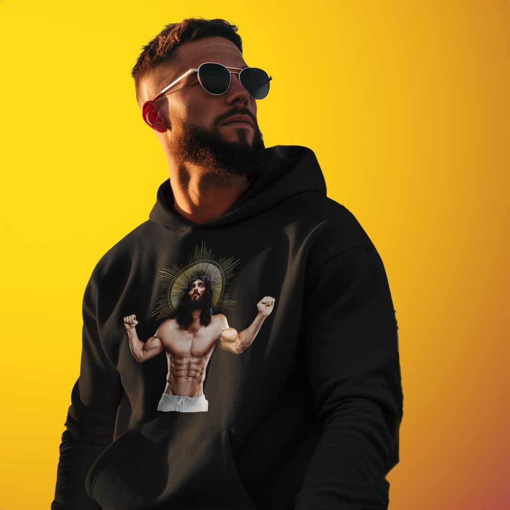 man wearing Ripped Saviour Black Hoodie Backroom Gear - your LGBTQI Gay Kink Apparel Store