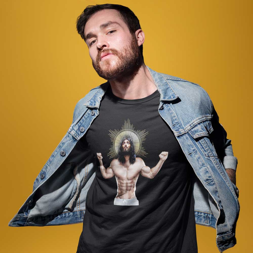 Man wearing Ripped Saviour Black T-Shirt Backroom Gear - your LGBTQI Gay Kink Apparel Store