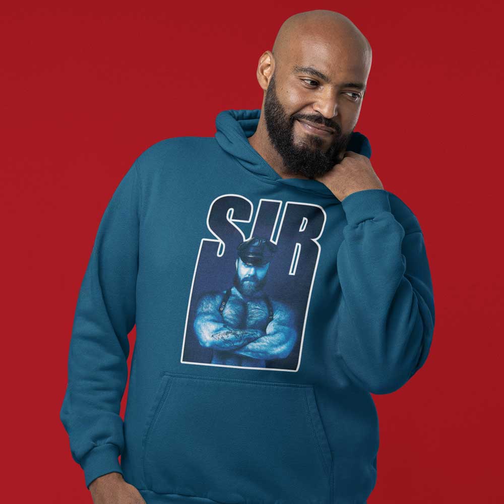 man wearing Sir Bear indigo blue hoodie closeup - backroomgear - your LGBTQI Gay Kink Apparel Store