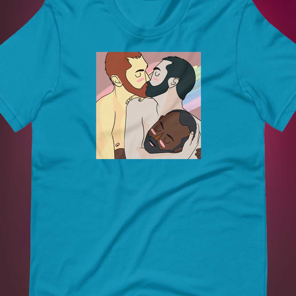 Throuple Aqua T-Shirt Flat Closeup - BackRoomGear - your LGBTQI Gay Kink Apparel Store