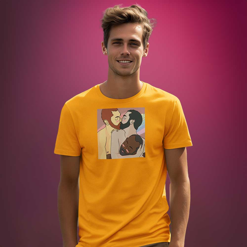 Man wearing Throuple Gold T-Shirt - BackRoomGear - your LGBTQI Gay Kink Apparel Store