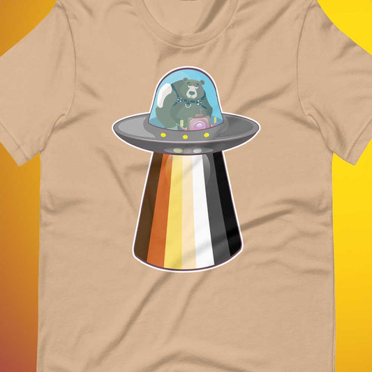 UFO Bear Tan T-Shirt Flat closeup - BackRoomGear - your LGBTQI Gay Kink Apparel Store