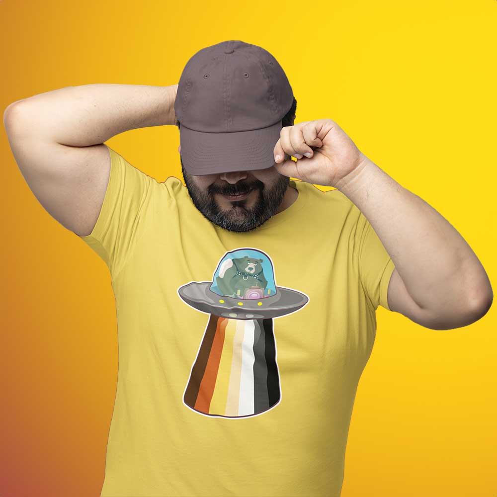 Man wearing UFO Bear Yellow T-Shirt - BackRoomGear - your LGBTQI Gay Kink Apparel Store