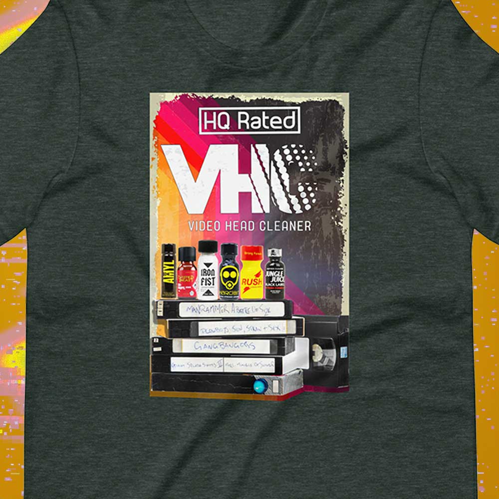 Video Head Cleaner Heather Forest T-Shirt Closeup - BackRoomGear - your LGBT Gay Kink Apparel Store