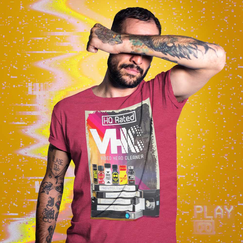 Man wearing Video Head Cleaner Heather raspberry T-Shirt - BackRoomGear - your LGBT Gay Kink Apparel Store