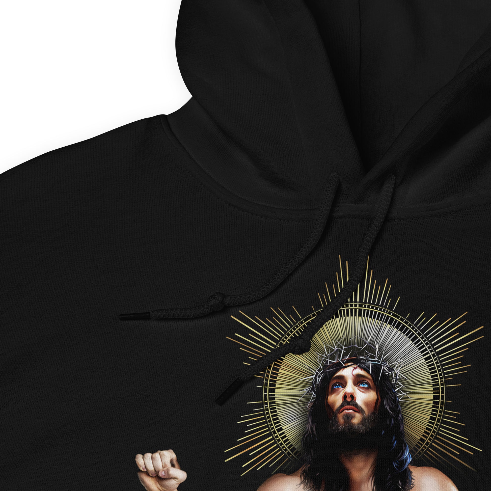 Ripped Saviour Black Hoodie zoomed in Backroom Gear - your LGBTQI Gay Kink Apparel Store