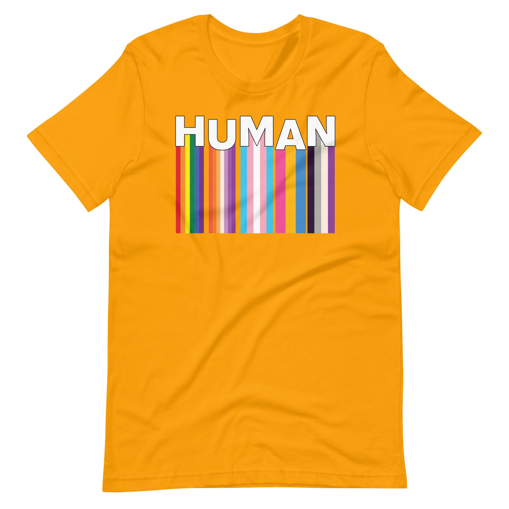 We Are Human Gold T-Shirt Flat - BackRoomGear - your LGBTQI Gay Kink Apparel Store