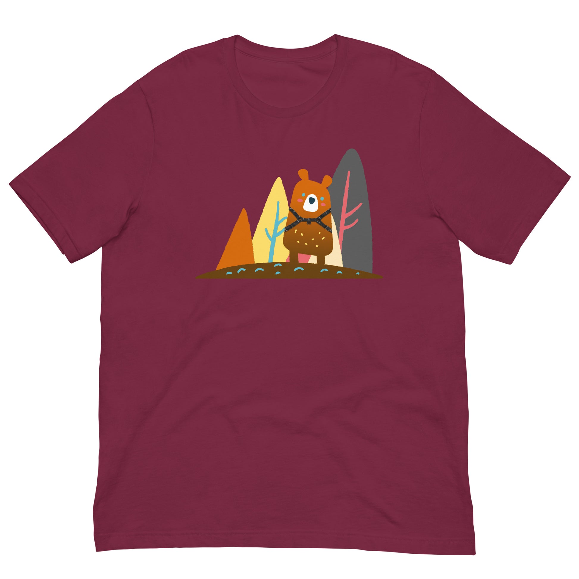 Bear-in-the-woods-Maroon-T-Shirt-Flat Backroom-Gear - your LGBTQI Gay Kink Apparel Store