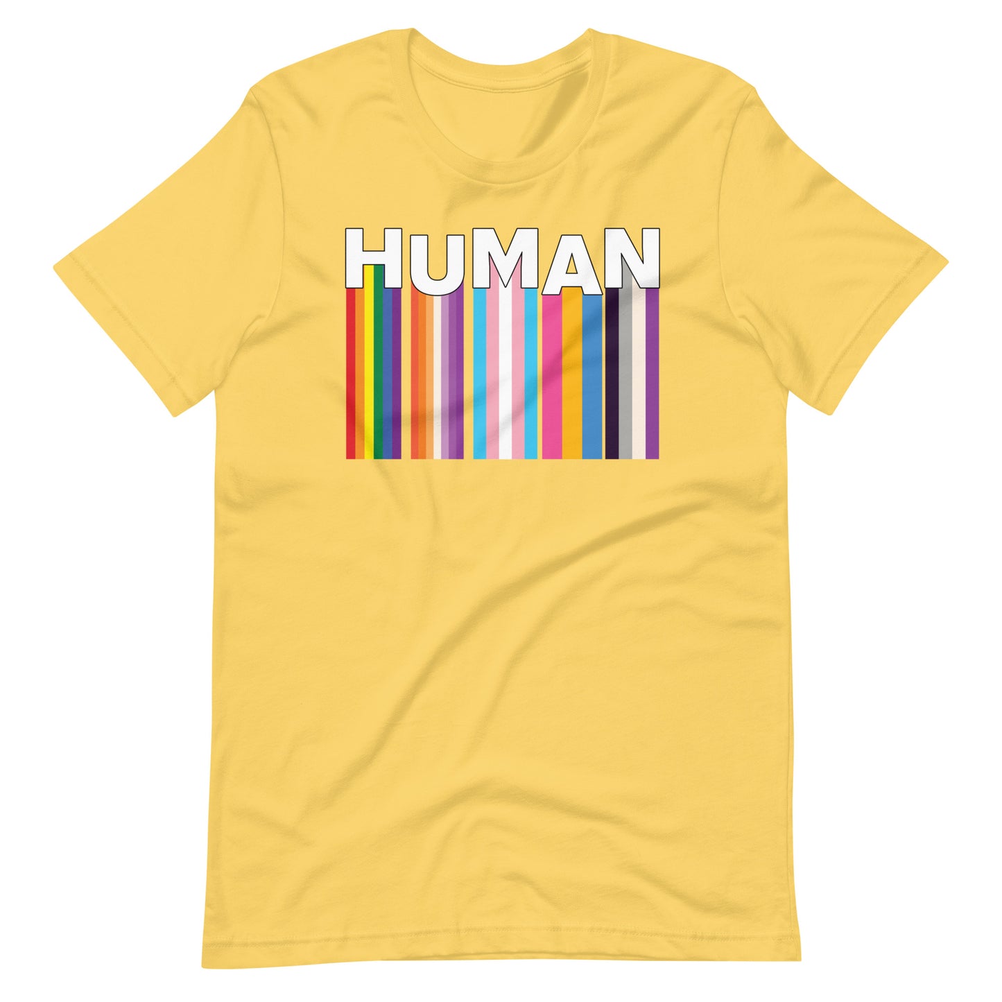 We Are Human Yellow T-Shirt Flat - BackRoomGear - your LGBTQI Gay Kink Apparel Store